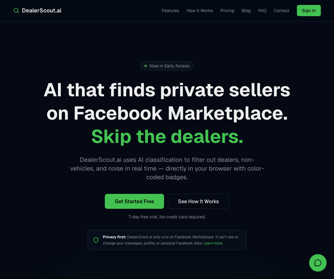 DealerScout.ai homepage — AI that finds private sellers on Facebook Marketplace